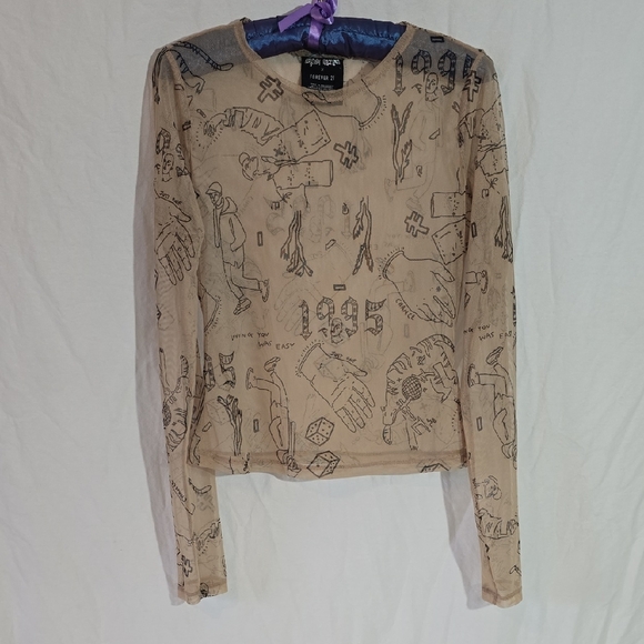 Forever 21 Graphic Long Sleeve Mesh Top - Picture 1 of 5